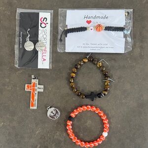 Basketball jewelry lot. 6 pieces: 3 bracelets, 2 charms, 1 set of earrings